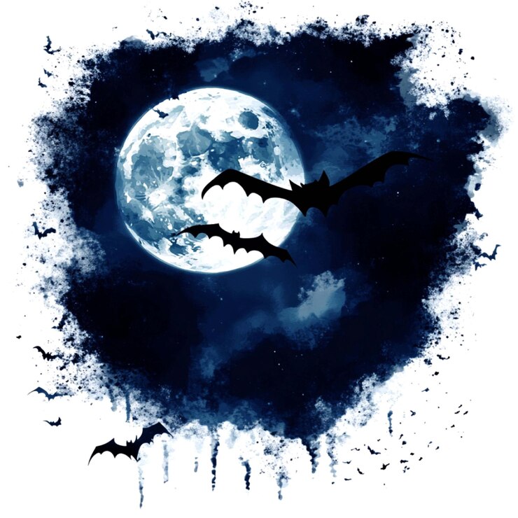 PSD a picture of bats and the moon with bats flying in the sky