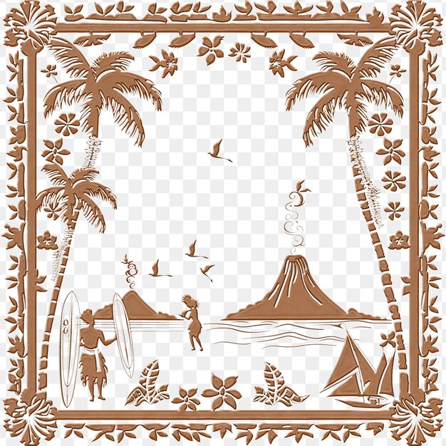 PSD a picture of a beach with palm trees and a pyramid with the letters q and a