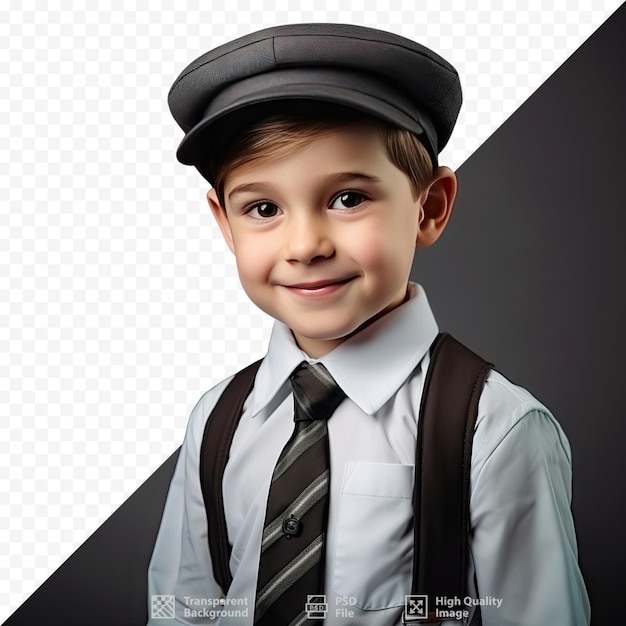 PSD a picture of a boy wearing a hat and a tie with the word 