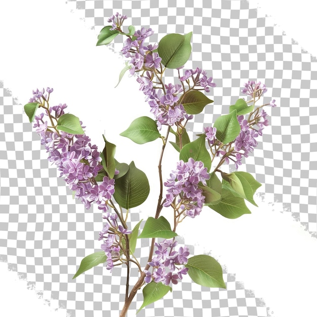 PSD a picture of a branch of purple flowers with green leaves