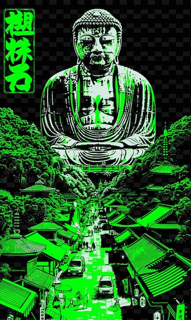 PSD a picture of a buddha statue in green and black with a green background