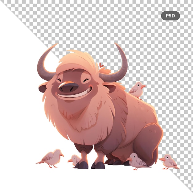 PSD a picture of a buffalo with a baby birds on it