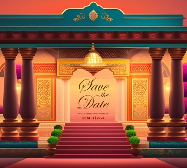 PSD a picture of a building with a sign that says date elegant indian wedding invitation temp on it