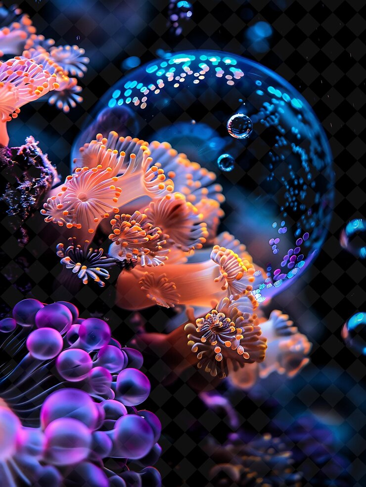 PSD a picture of a bunch of colorful corals and some purple and blue bubbles