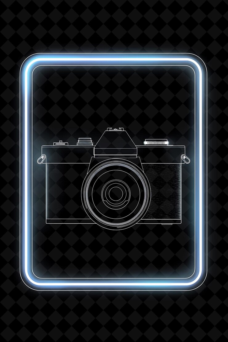 PSD a picture of a camera with a blue neon light behind it