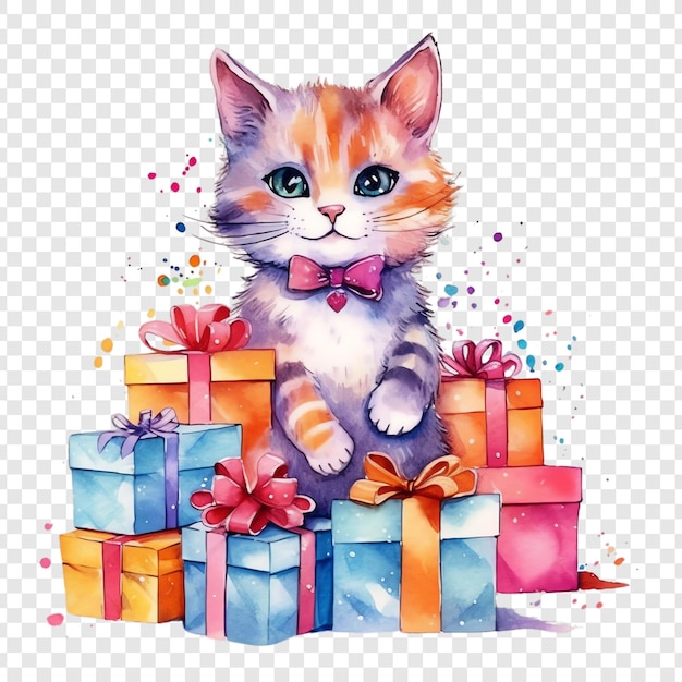 PSD una foto di un gatto con un arco e una scatola di regali