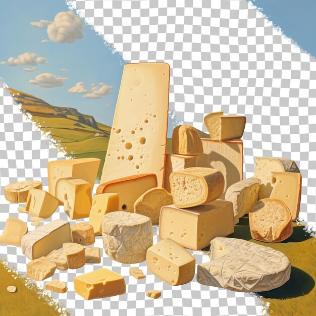 PSD a picture of cheeses and a picture of a mountain and clouds