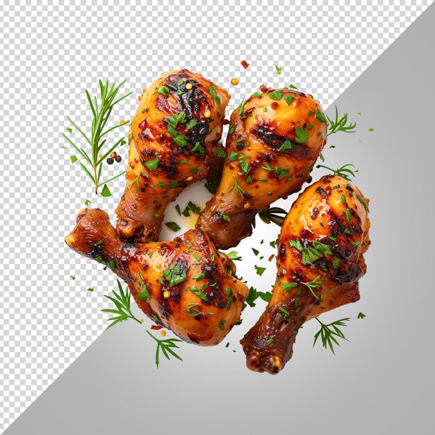 A picture of chicken and herbs on a white background