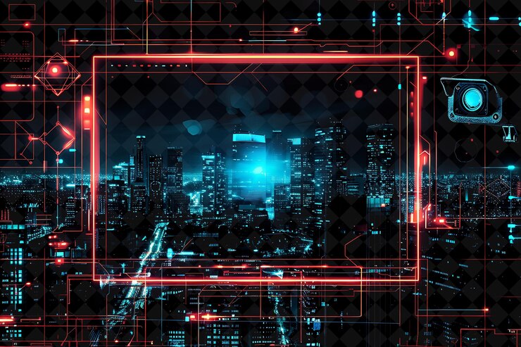 PSD a picture of a city with a red frame and a blue light in the middle