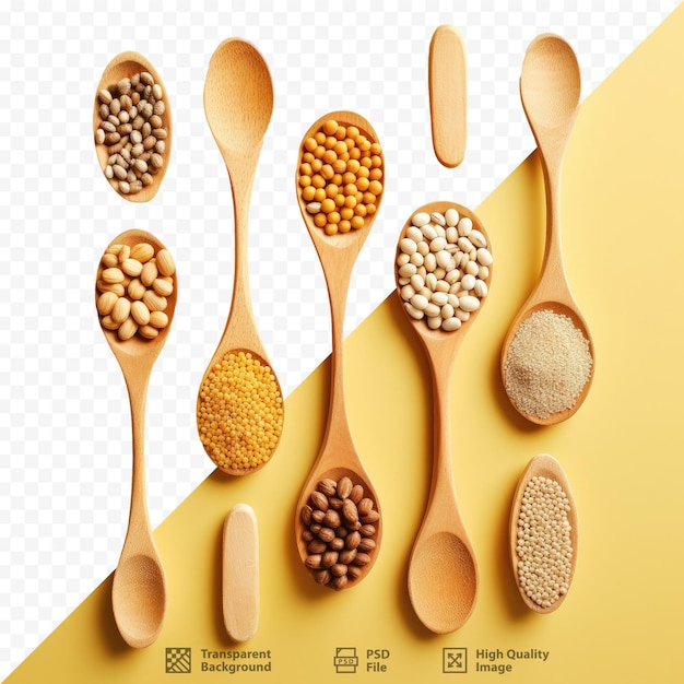 PSD a picture of different foods and grains on a yellow background