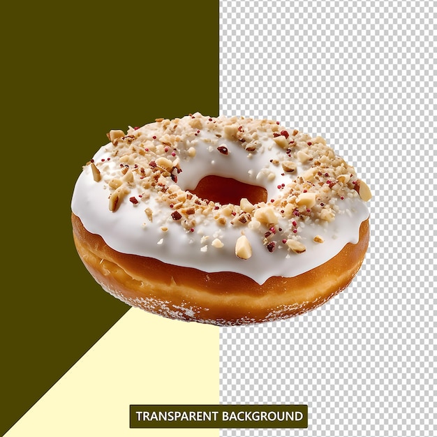 A picture of a donut with icing and nuts on it