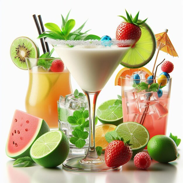 A picture of a drink with different fruits and drinks