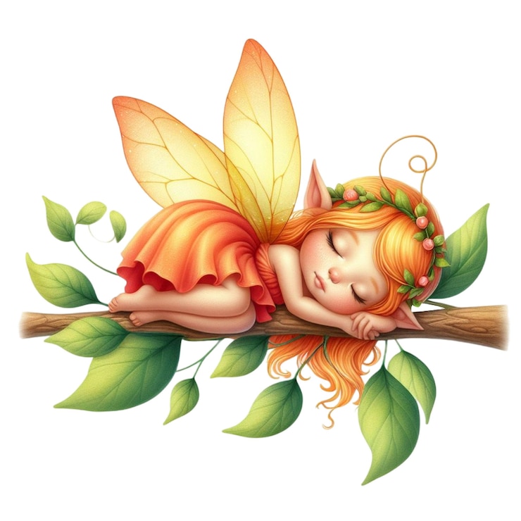PSD a picture of a fairy sleeping on a branch with a butterfly on it