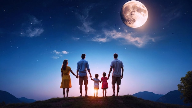 PSD una foto di una famiglia con una luna nel cielo