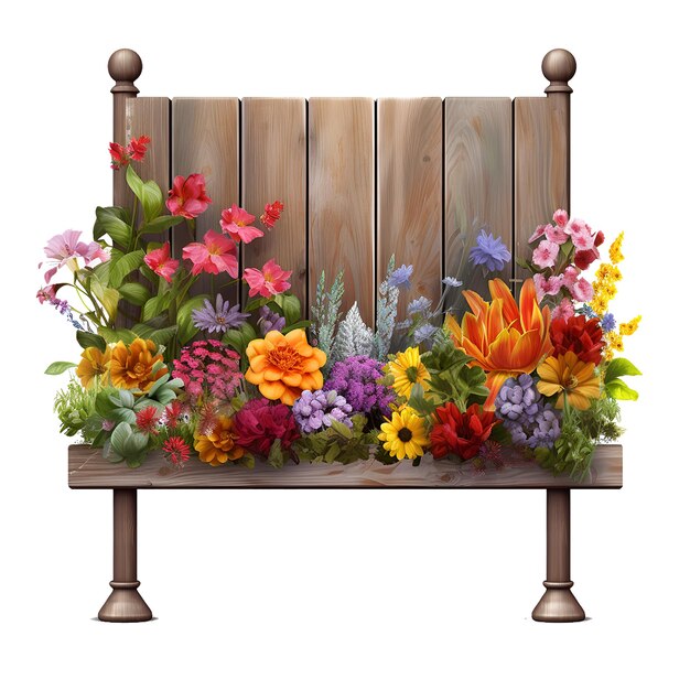 PSD a picture of a flower arrangement with a wooden bench