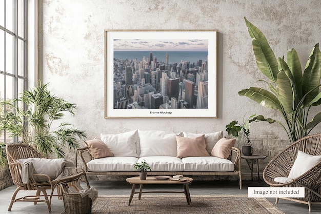 a picture frame hangs on a wall with a plant in the foreground