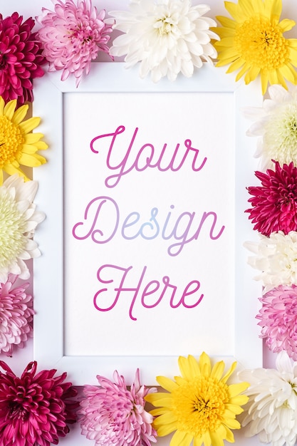 PSD picture frame mockup decorated with chrysanthemum flowers