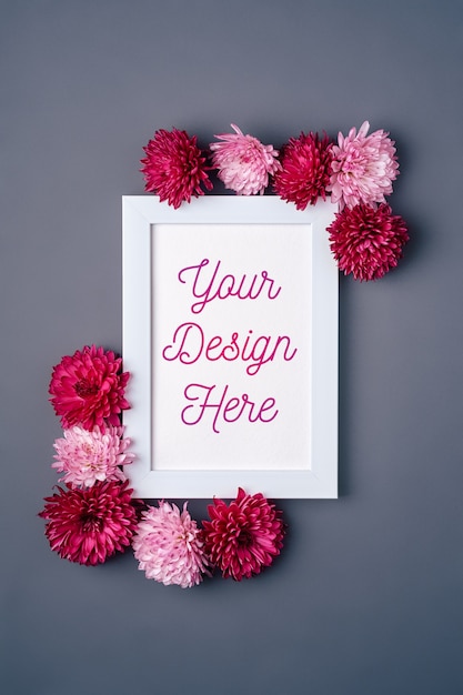 PSD picture frame mockup decorated with chrysanthemum flowers