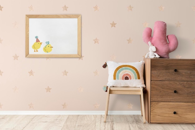 PSD picture frame mockup  hanging in kids room home decor interior