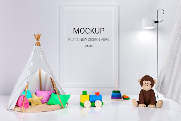 Picture frame mockup in a kids playroom 3d rendered illustration