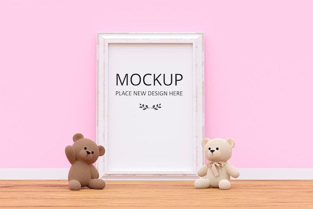 Picture frame mockup in a kids playroom 3d rendered illustration