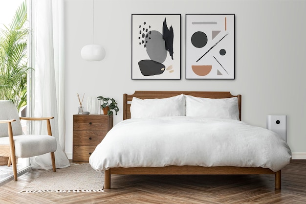 Mockup di cornice per foto psd in una camera da letto moderna luminosa e pulita