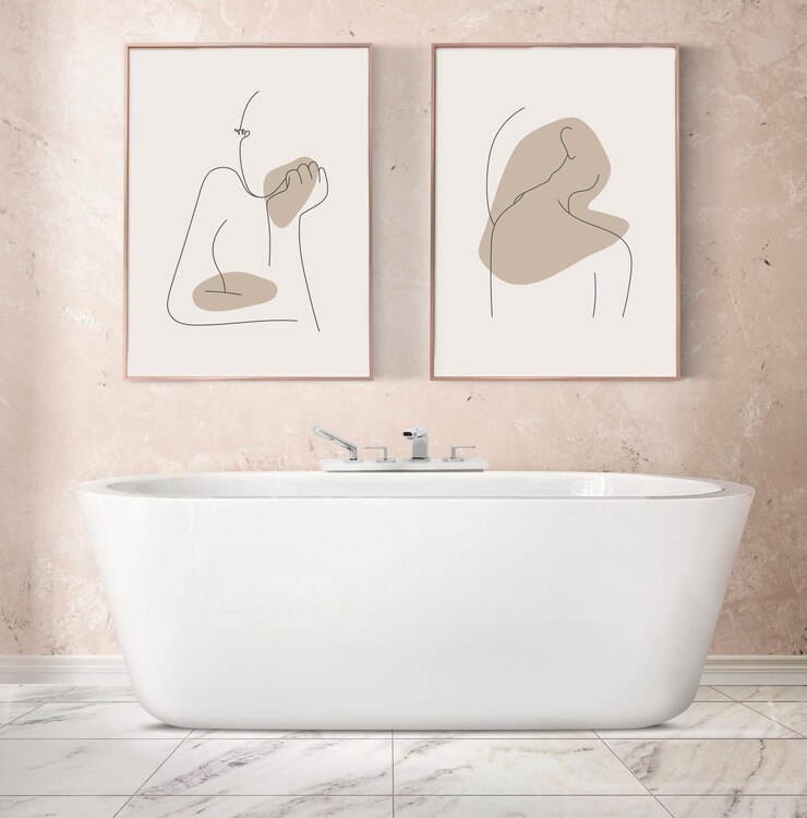 PSD picture frame mockup psd hanging in luxury bathroom home decor interior