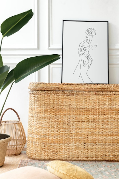 PSD picture frame mockup  on a rattan chest