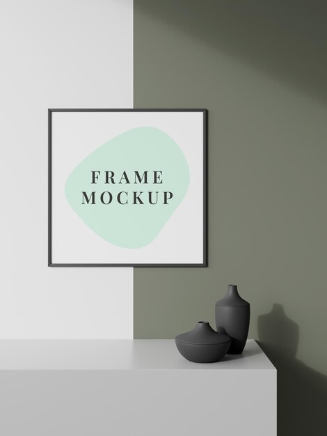 Picture frame mockup on a sideboard table with vase