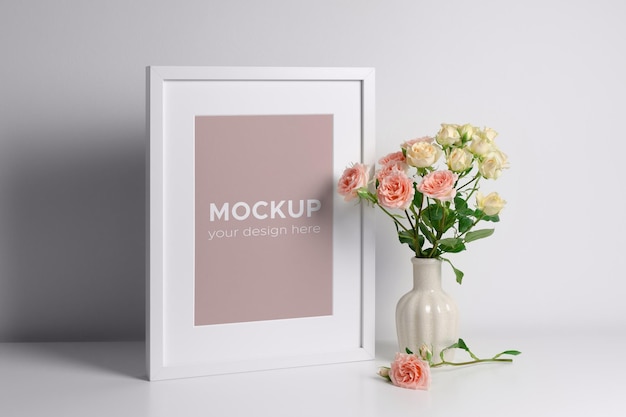 PSD picture frame mockup in white interior with roses bouquet in vase