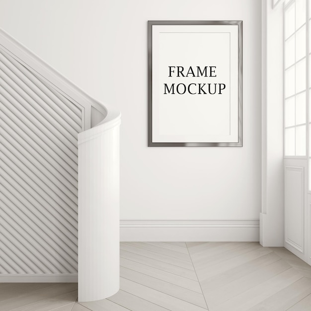 Picture frame mockup on white wall in 3d rendering