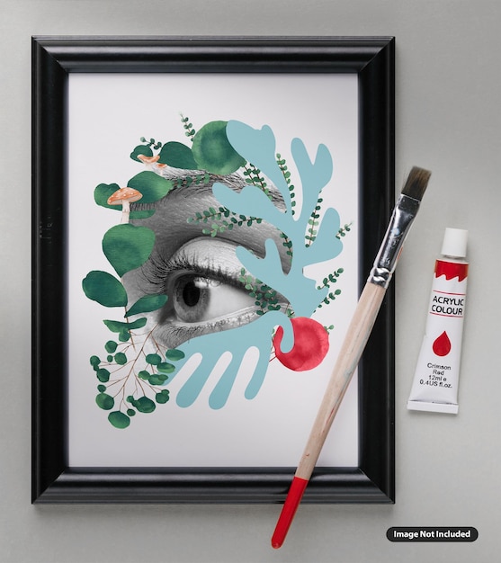 PSD picture frame mockup with paint tube paintbrush