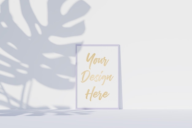 PSD picture frame mockup with white paper and monstera leaves shadow