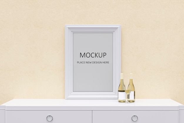 Picture frame mockup on a wooden cabinet 3d rendered illustration