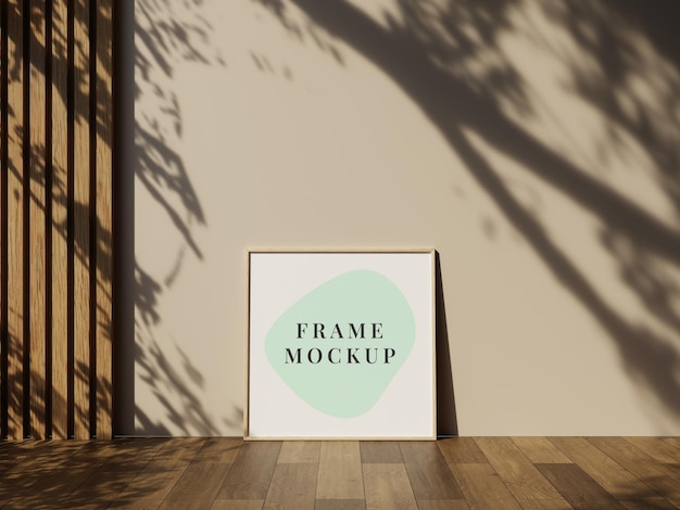 Picture frame mockup on a wooden floor with leaves shadow