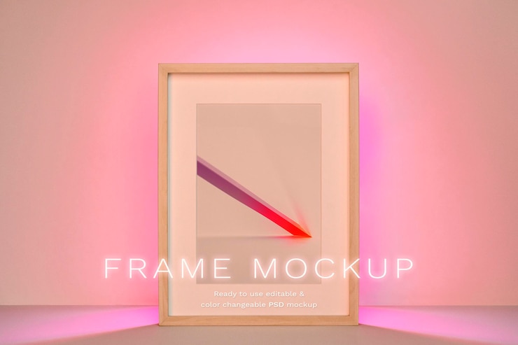 PSD picture frame psd mockup with pink gradient led light