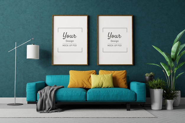 Picture frames mockup on the wall in living room interior