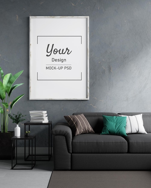 Picture frames mockup on the wall in living room interior