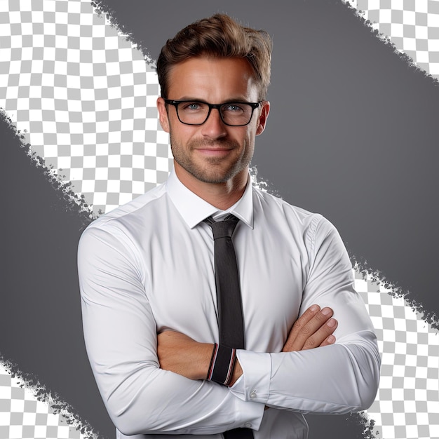 PSD a picture of a friendly businessman with crossed arms and a smile meeting colleagues at a corporate seminar wearing glasses and a white shirt with black pants and a tie in a gray office sett