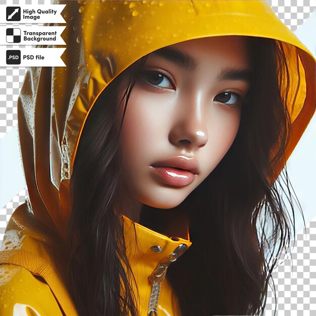 PSD a picture of a girl wearing a yellow raincoat with a black and white logo