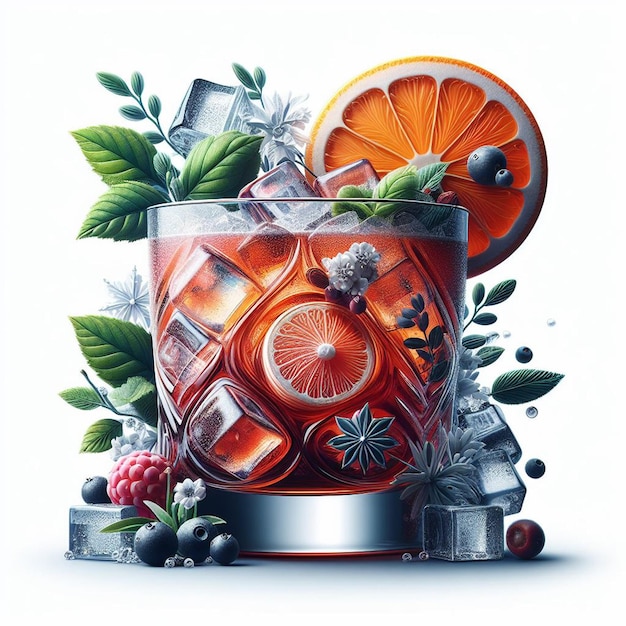 PSD a picture of a glass with oranges and berries on it