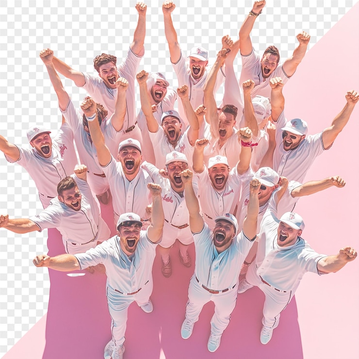 PSD a picture of a group of men with their arms raised in the air