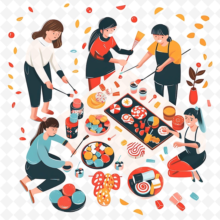 PSD 一群女人在一圈的照片,上面有一张桌子上的食物