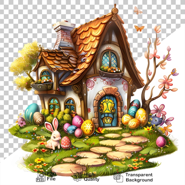 PSD a picture of a house with a bunny and eggs on it no background