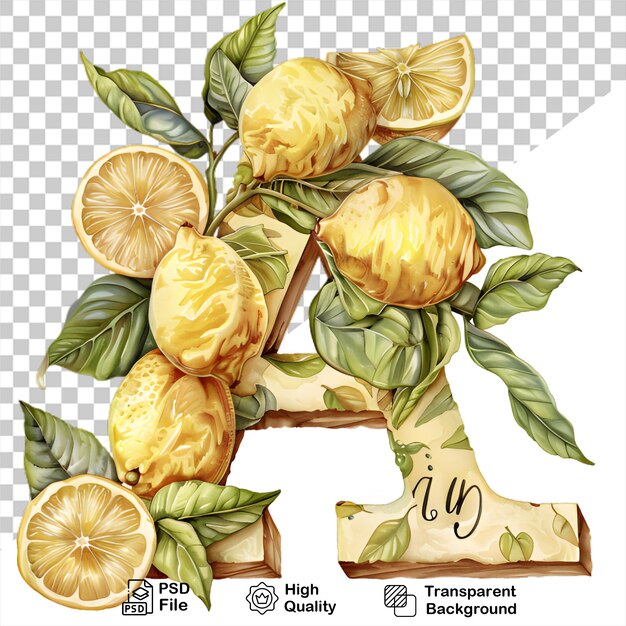 PSD a picture of a letter a on a transparent background with a picture of lemons