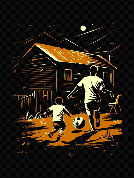 PSD a picture of a man and a child playing soccer in front of a house