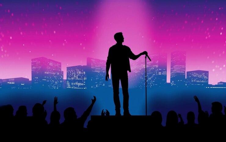 PSD a picture of a man singing on stage with a microphone