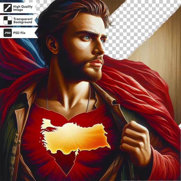 A picture of a man with a red cape on his chest