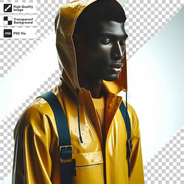 PSD a picture of a man in a yellow raincoat with a black face