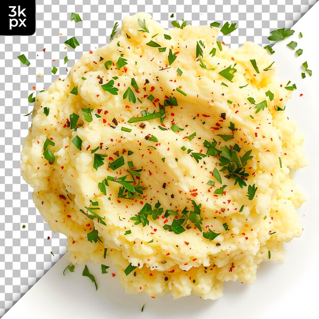 PSD a picture of mashed potatoes and parsley with a black and white background